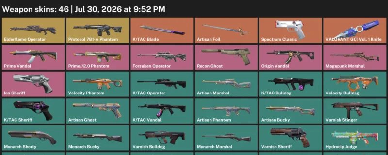 Valorant Accounts listing: LVL 85 · K/TAC Blade & VALORANT GO! Vol. 1 Knife · 46 Skins - Platinum 1, 46 skins