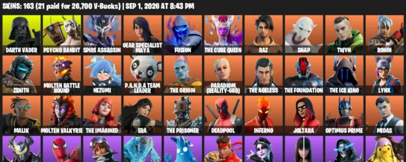 Fortnite account inventory for LVL 2798 - Darth Vader - Psycho Bandit - 163 Outfits