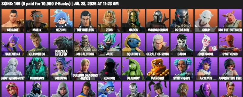 Fortnite Accounts listing: LVL 2949 - Menace - Malik - 146 Outfits - 146 outfits