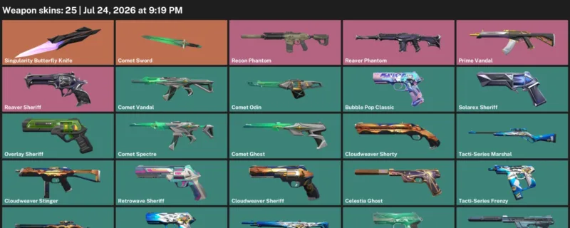 Valorant Accounts listing: LVL 173 · Comet Sword & Singularity Butterfly Knife · 25 Skins - Silver 3, 25 skins