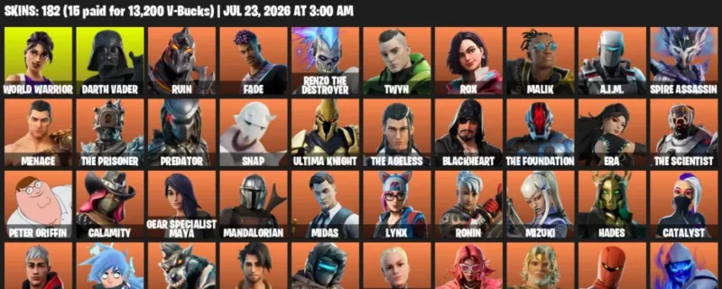 Fortnite Accounts listing: LVL 3273 - World Warrior - Darth Vader - 182 Outfits - 182 outfits