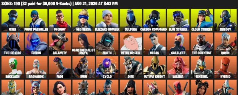 Fortnite account inventory for LVL 2511 - Fixer - Point Patroller - 190 Outfits