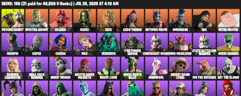 Fortnite Accounts listing: LVL 4365 - Psycho Bandit - Spectra Knight - 150 Outfits - 150 outfits