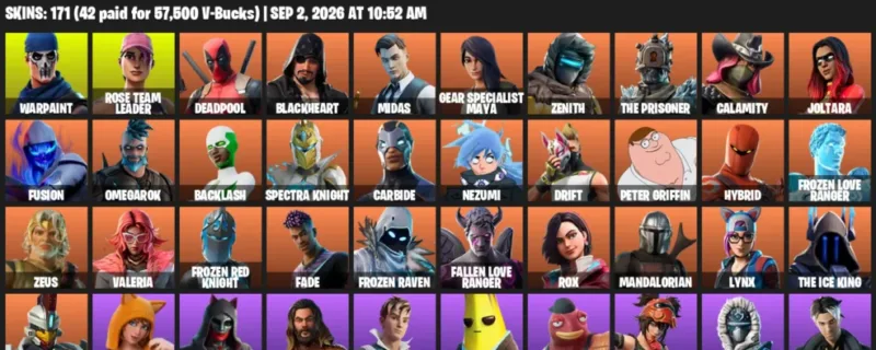 Fortnite account inventory for LVL 1718 - Warpaint - Rose Team Leader - 171 Outfits