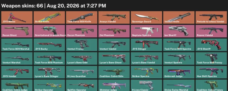 Valorant account inventory for LVL 108 · Striker Knife & Venturi Knife