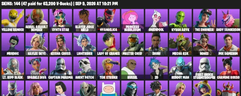 Fortnite account inventory for LVL 1138 - Yellow Ranger - Aerial Assault Bomber - 144 Outfits