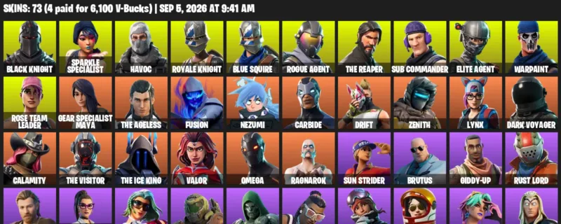 Fortnite account inventory for LVL 850 - Black Knight - Sparkle Specialist - 73 Outfits