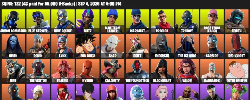 Fortnite account inventory for LVL 1612 - Carbon Commando - Blue Striker - 122 Outfits