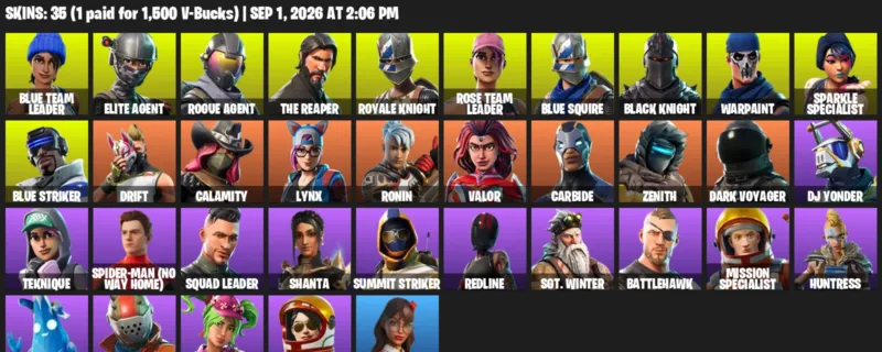 Fortnite account inventory for LVL 485 - Blue Team Leader - Elite Agent - 35 Outfits