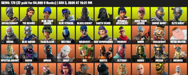 Fortnite account inventory for LVL 1334 - Royale Knight - The Reaper - 175 Outfits