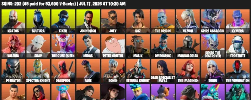 Fortnite Accounts listing: LVL 3646 - Kratos - Sultura - 202 Outfits - 202 outfits