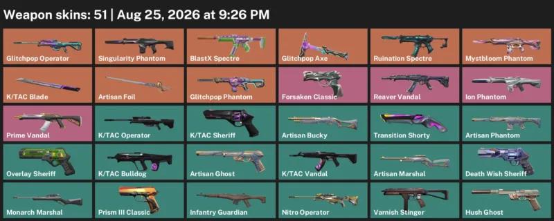 Valorant account inventory for LVL 303 · Tac Blade & Artisan Phantom