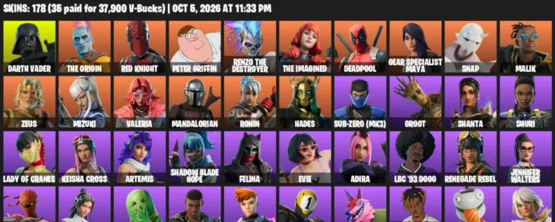 Fortnite account inventory for Darth Vader - The Origin - 120 Outfits