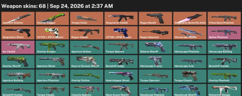 Valorant account inventory for LVL 142 · 68 Skins Overlay Dagger & Singularity Butterfly Knife