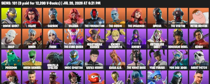 Fortnite Accounts listing: LVL 1162 - Rogue Agent - Valor - 101 Outfits - 101 outfits