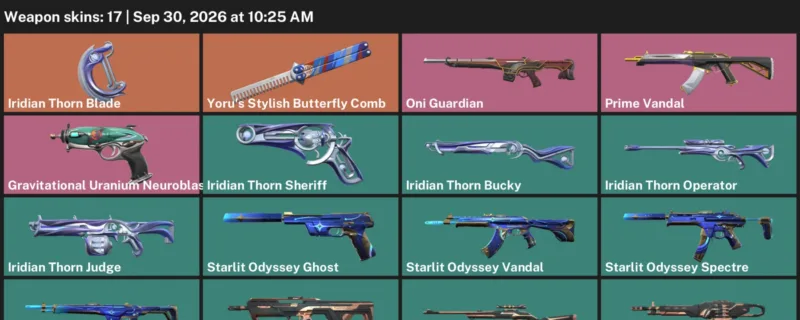 Valorant account inventory for LVL 39 · 17 Skins Iridian Thorn Blade & Oni Guardian
