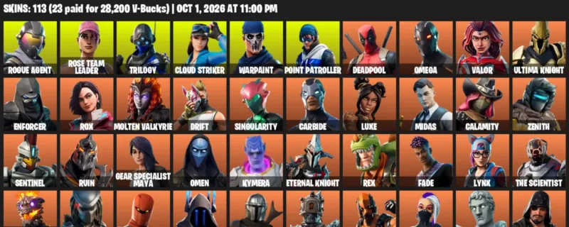 Fortnite account inventory for Rogue Agent - Rose Team Leader - 113 Outfits