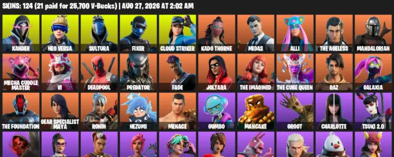 Fortnite account inventory for LVL 1712 - Xander - Neo Versa - 124 Outfits