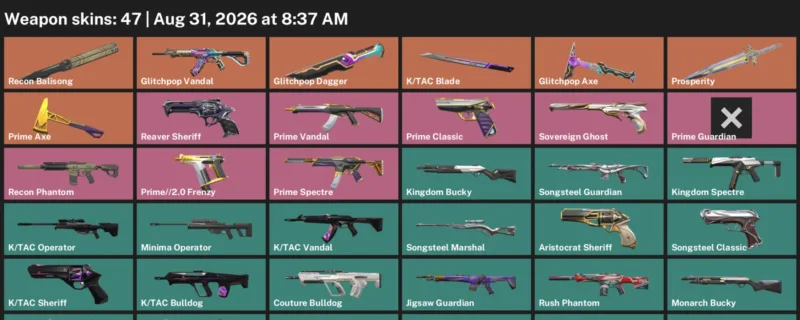 Valorant account inventory for LVL 48 · Glitchpop Dagger & K & 47 Skins Glitchpop Dagger