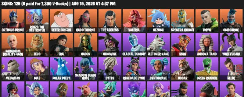 Fortnite account inventory for LVL 2751 - Optimus Prime - Renzo the Destroyer - 125 Outfits