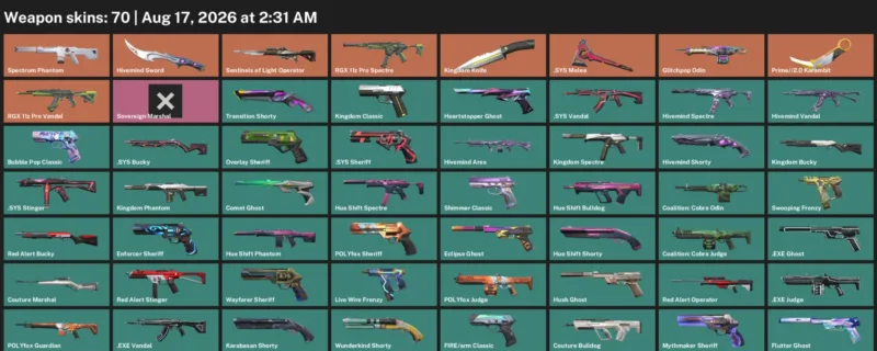 Valorant account inventory for LVL 323 · 2.0 Karambit & Kingdom Knife