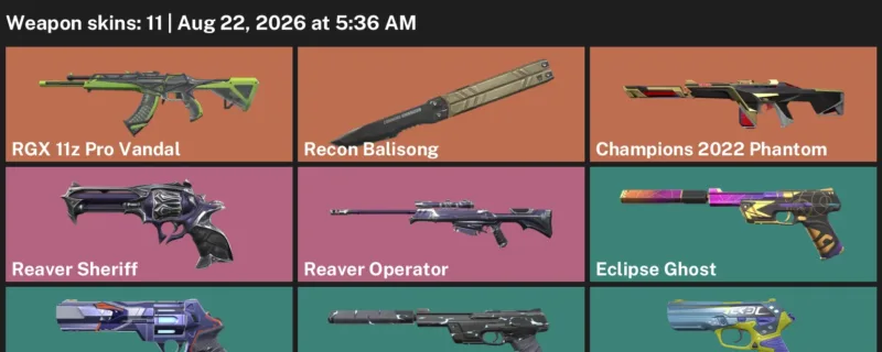 Valorant account inventory for LVL 95 · 11 Skins Champions 2022 Phantom & RGX 11z Pro Vandal