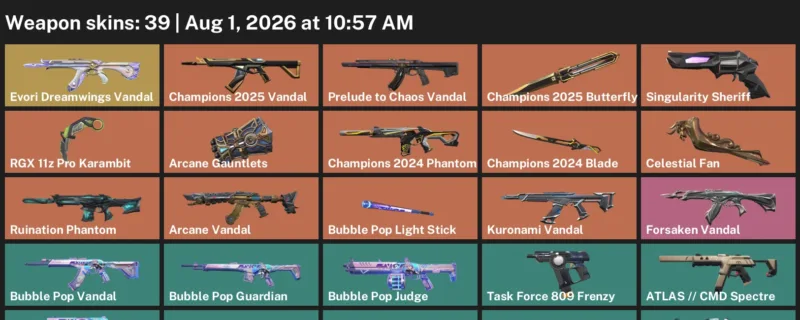 Valorant account inventory for LVL 57 · Celestial Fan & Champions 2024 Blade