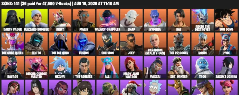 Fortnite account inventory for LVL 1869 - Darth Vader - Blizzard Bomber - 141 Outfits