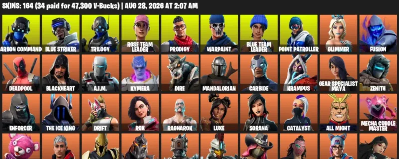 Fortnite account inventory for LVL 1493 - Carbon Commando - Blue Striker - 164 Outfits