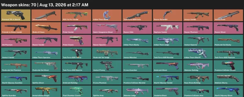 Valorant account inventory for LVL 179 · Reaver Karambit & Xenohunter Knife