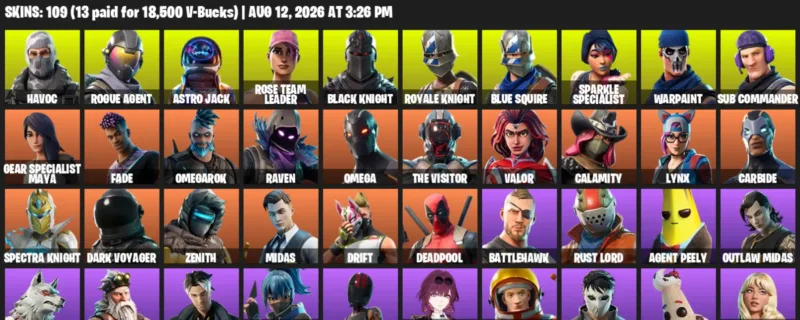 Fortnite account inventory for LVL 986 - Havoc - Rogue Agent - 109 Outfits