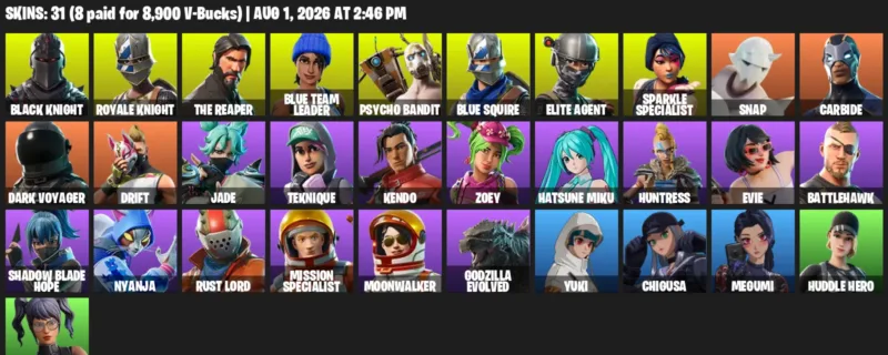 Fortnite account inventory for LVL 395 - Black Knight - Royale Knight - 31 Outfits