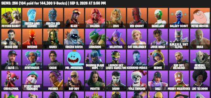 Fortnite account inventory for LVL 3215 - Psycho Bandit - Frozen Love Ranger - 256 Outfits