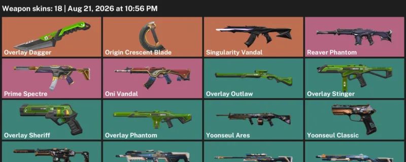 Valorant account inventory for LVL 65 · Oni Vandal & Origin Crescent Blade & Overlay Dagger