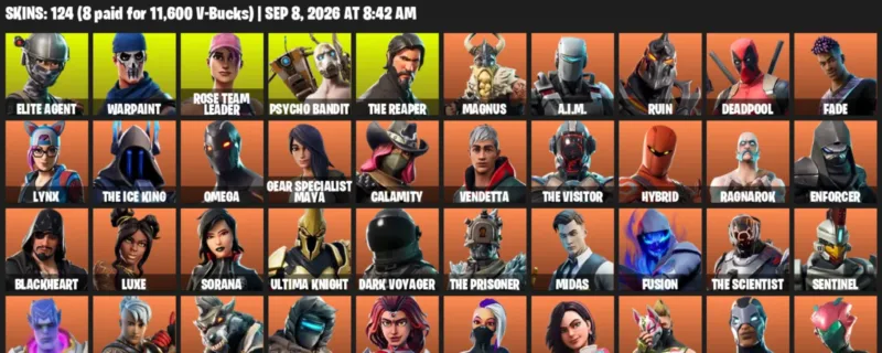 Fortnite account inventory for LVL 1373 - Elite Agent - Warpaint - 124 Outfits
