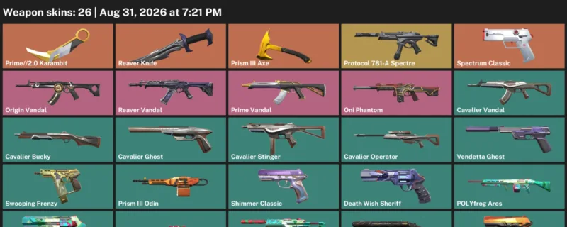 Valorant account inventory for LVL 107 · 2.0 Karambit & Reaver Knife & 26 Skins Prime