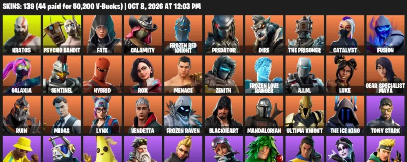 Fortnite account inventory for Kratos - Psycho Bandit - 120 Outfits