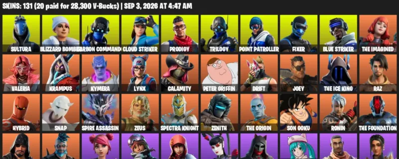 Fortnite account inventory for LVL 2259 - Sultura - Blizzard Bomber - 131 Outfits