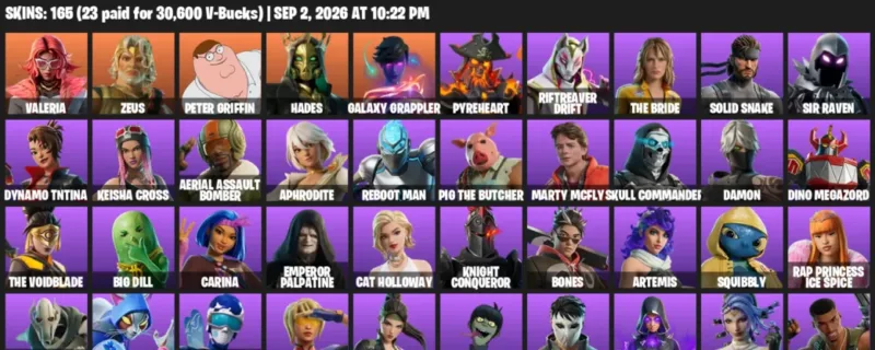 Fortnite account inventory for LVL 2590 - Valeria - Zeus - 165 Outfits