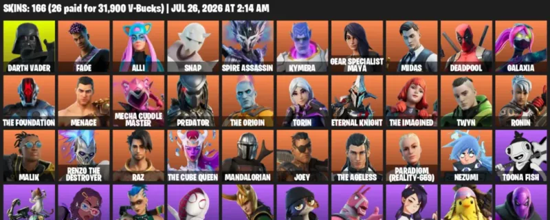 Fortnite Accounts listing: LVL 2071 - Darth Vader - Fade - 166 Outfits - 166 outfits