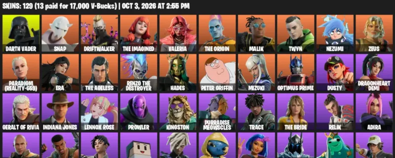 Fortnite account inventory for Darth Vader - Snap - 120 Outfits