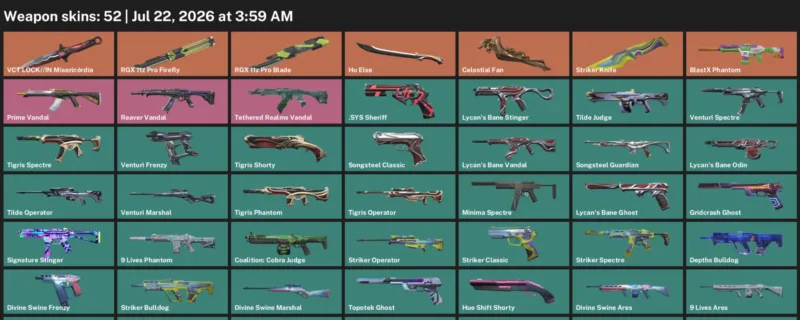 Valorant Accounts listing: LVL 54 · Celestial Fan & RGX 11z Pro Blade · 52 Skins - Bronze 2, 52 skins