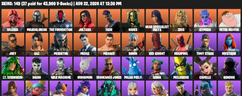 Fortnite account inventory for LVL 3124 - Valeria - Mandalorian - 149 Outfits
