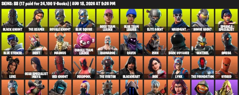 Fortnite account inventory for LVL 794 - Black Knight - The Reaper - 88 Outfits