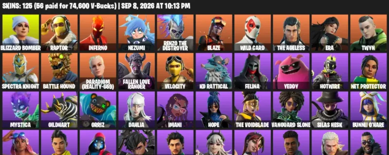 Fortnite account inventory for LVL 1185 - Blizzard Bomber - Raptor - 125 Outfits