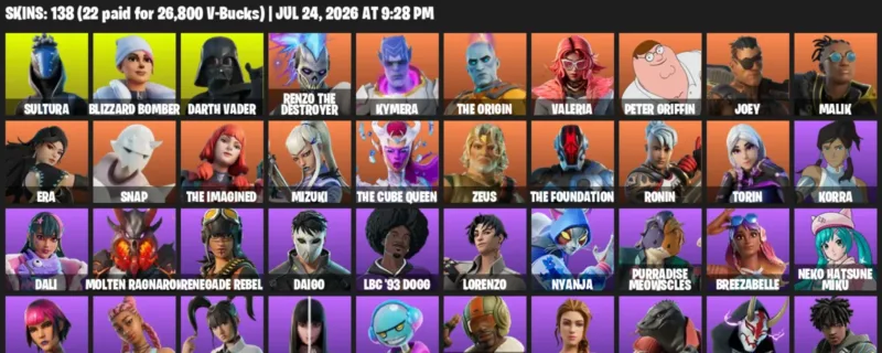 Fortnite Accounts listing: LVL 2576 - Sultura - Blizzard Bomber - 138 Outfits - 138 outfits