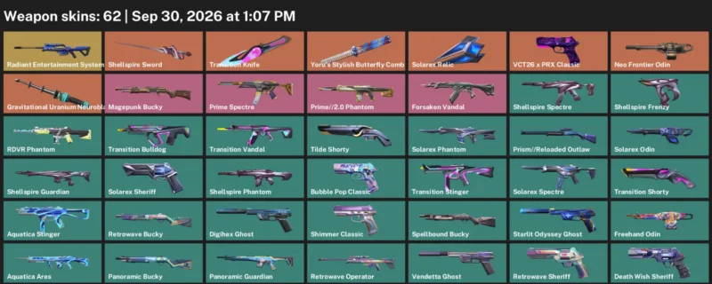 Valorant account inventory for LVL 211 · Transition Knife & Aquatica Ares