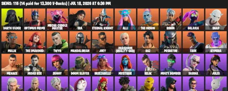 Fortnite Accounts listing: LVL 1310 - Darth Vader - Optimus Prime - 115 Outfits - 115 outfits