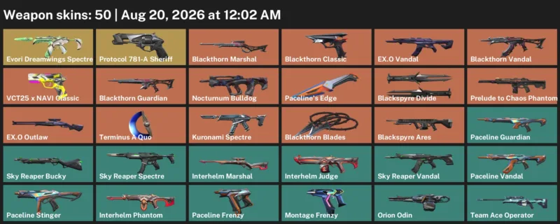 Valorant account inventory for LVL 59 · Blackthorn Blades & Blackspyre Ares