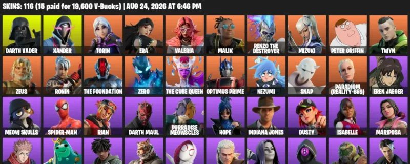 Fortnite account inventory for LVL 1448 - Darth Vader - Xander - 116 Outfits
